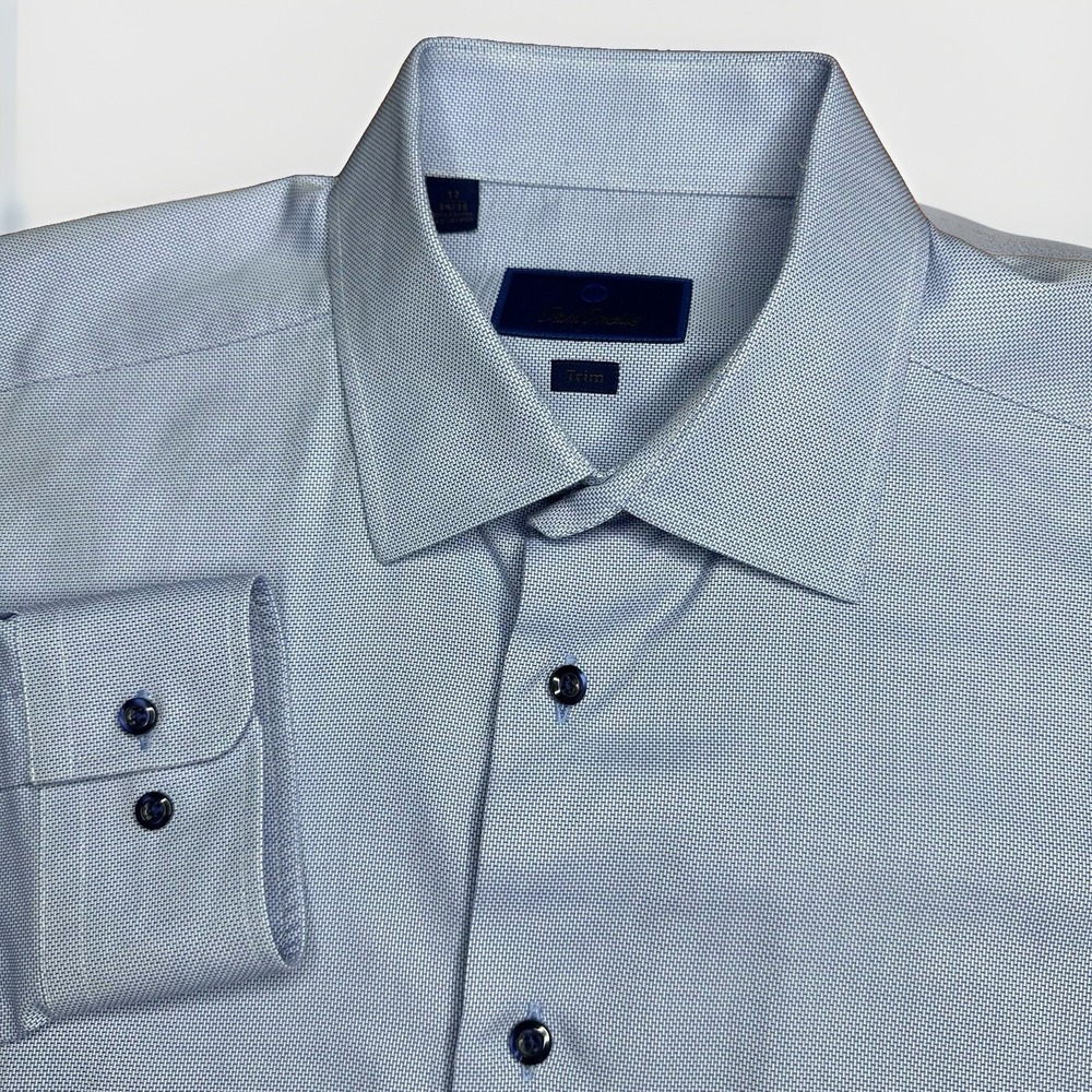 David Donahue Dress Shirt Mens 17-34/35 Button Down Trim Fit Solid Blue Twill